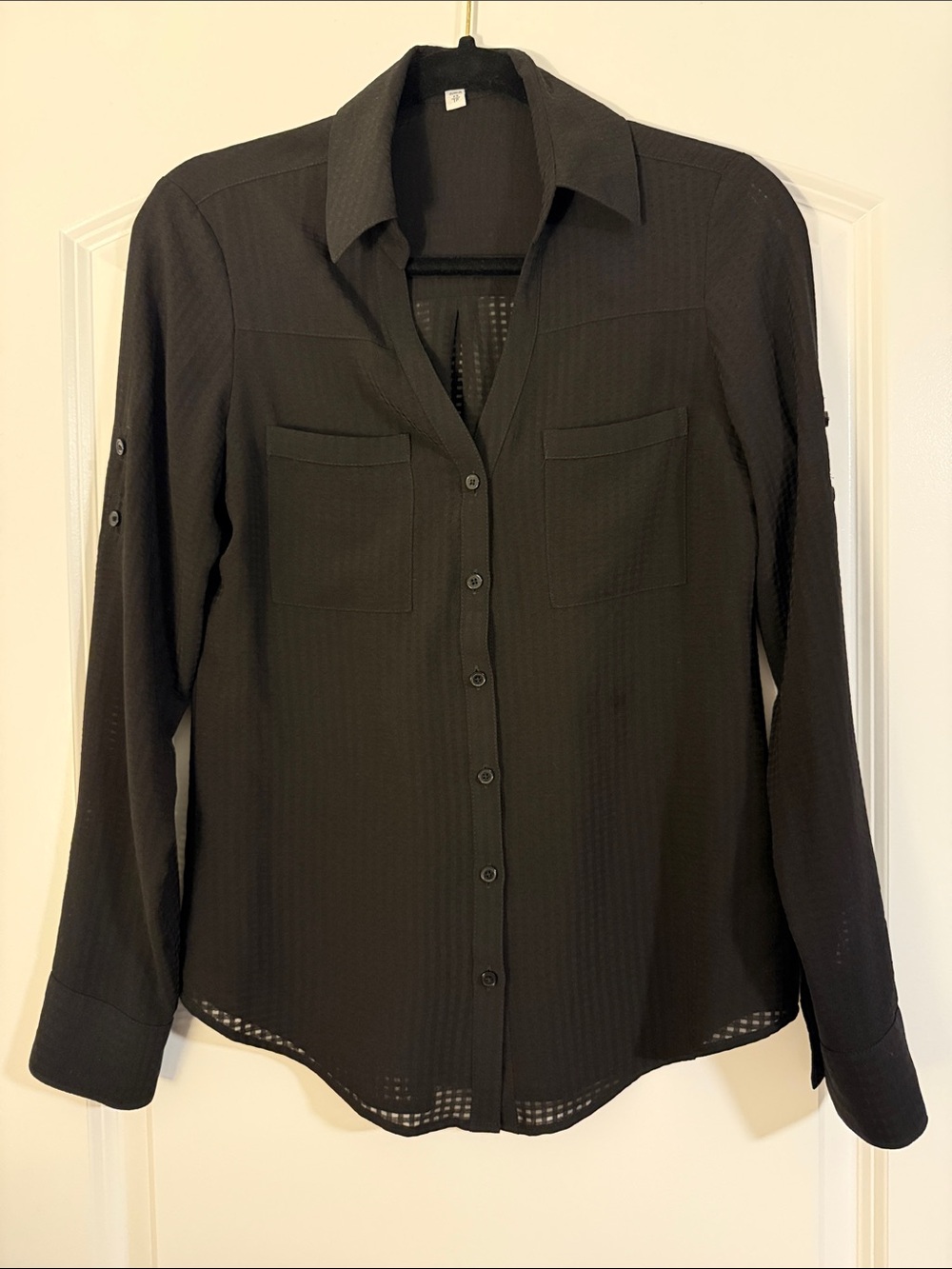 Express Portofino Sheer Black Button-Front Women's Shirt w/ Checkered Print XS